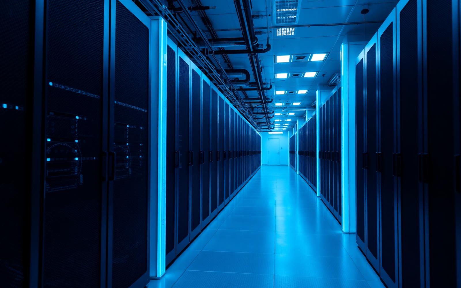 Data centre corridor lined with server racks under cool blue lighting