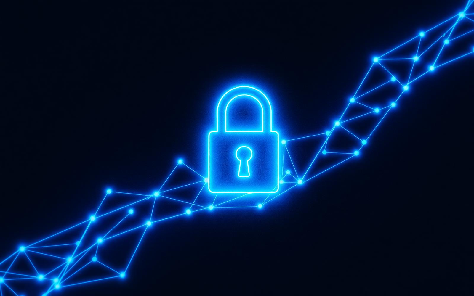 Abstract cybersecurity graphic of a glowing padlock within a blue network mesh