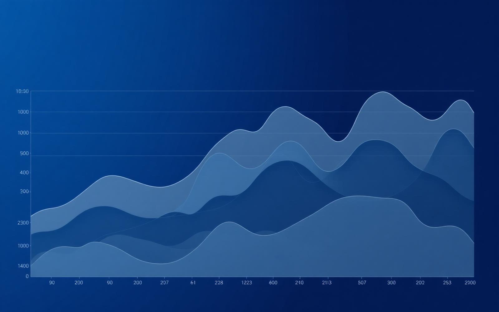 Layered translucent analytics chart resembling mountain ridges in deep blue