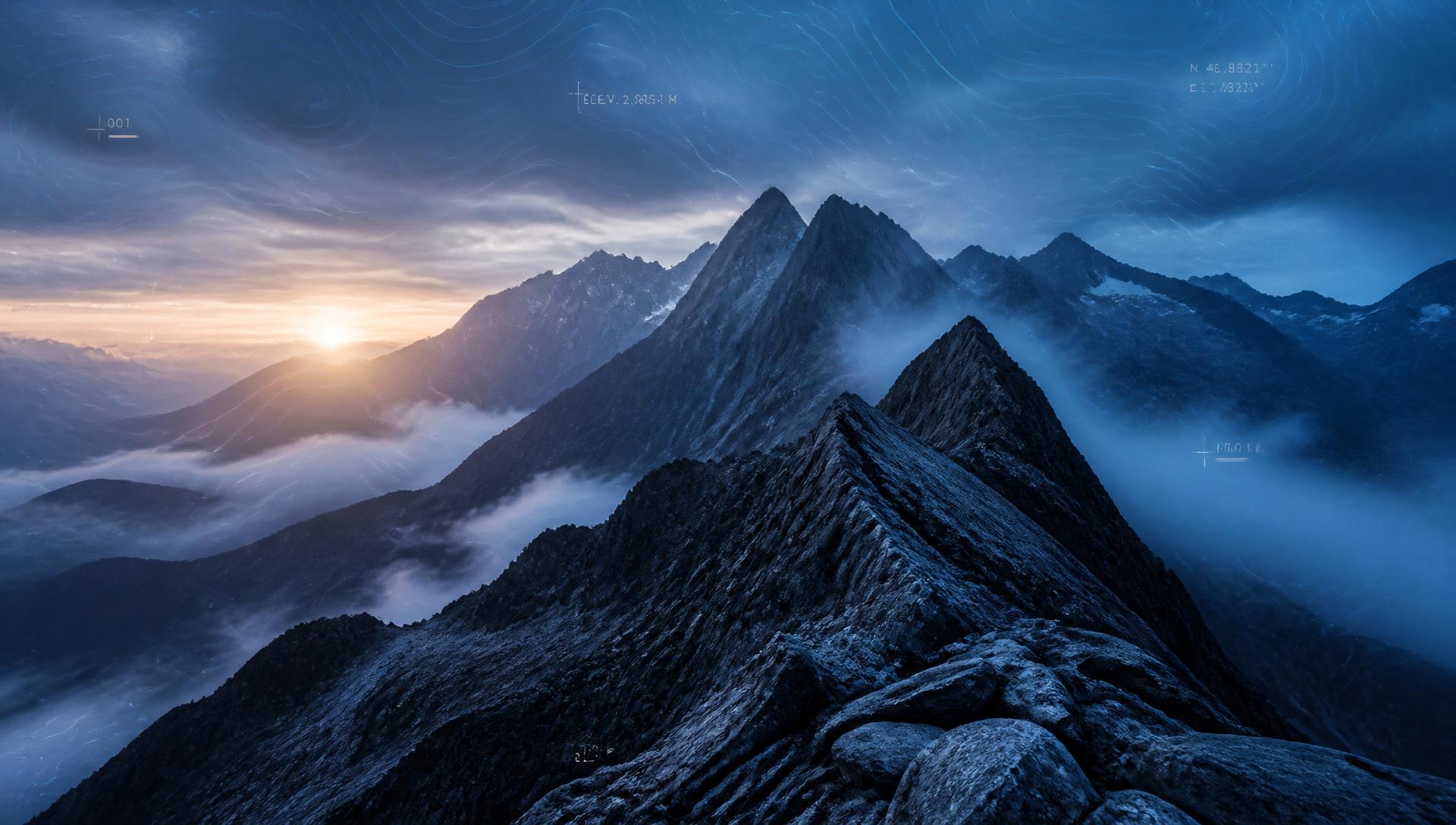 Mountain ridge at dawn with drifting cloud and faint contour markings