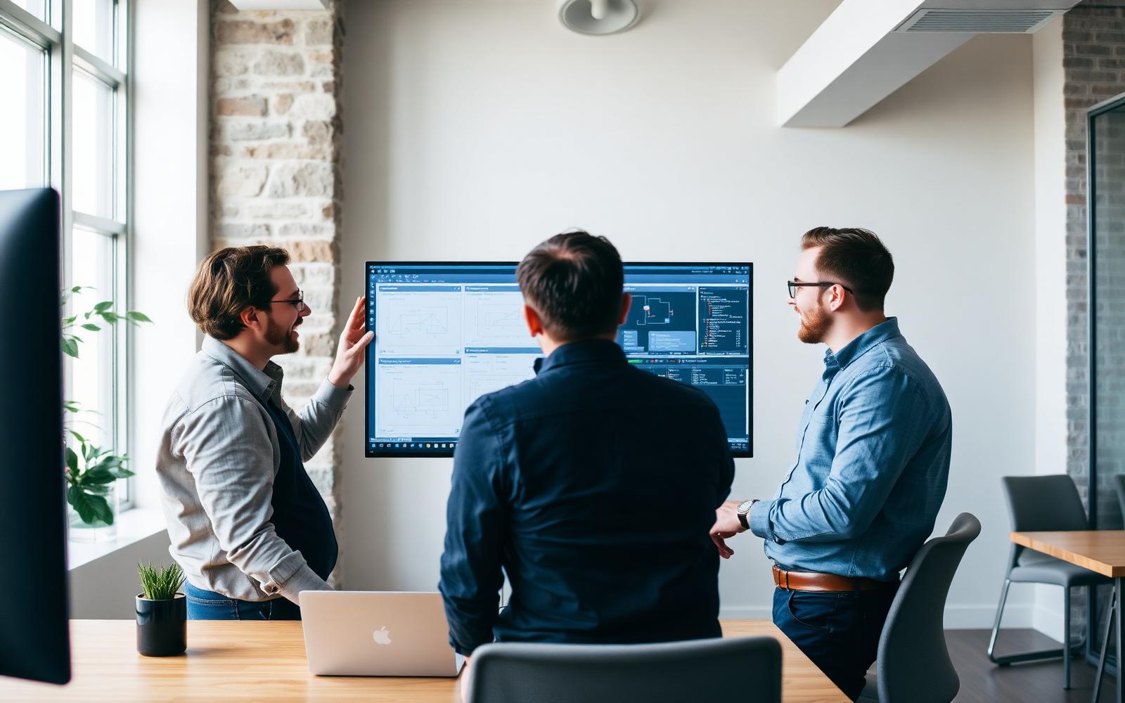 Engineers reviewing software architecture diagrams on a large screen