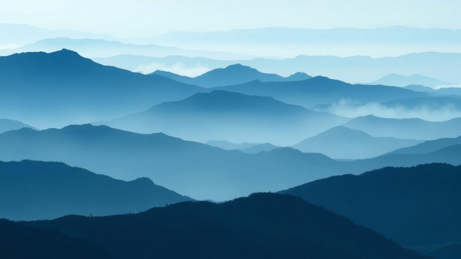 Layered blue mountain ridges receding into mist, evoking topographic mapping