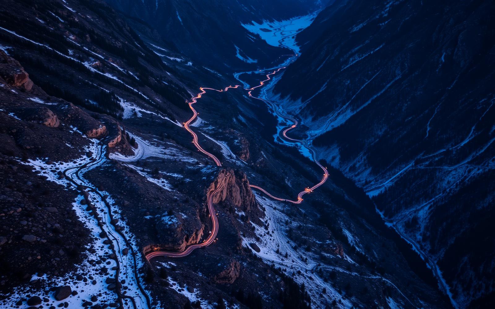 Aerial view of a winding alpine road tracing a route through a valley at dusk